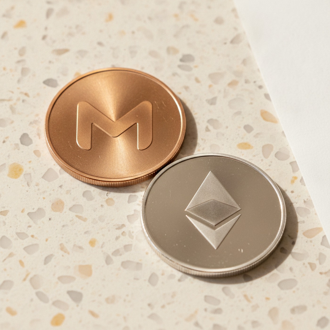Several crypto coins arranged on a pale terrazzo surface, seen from above