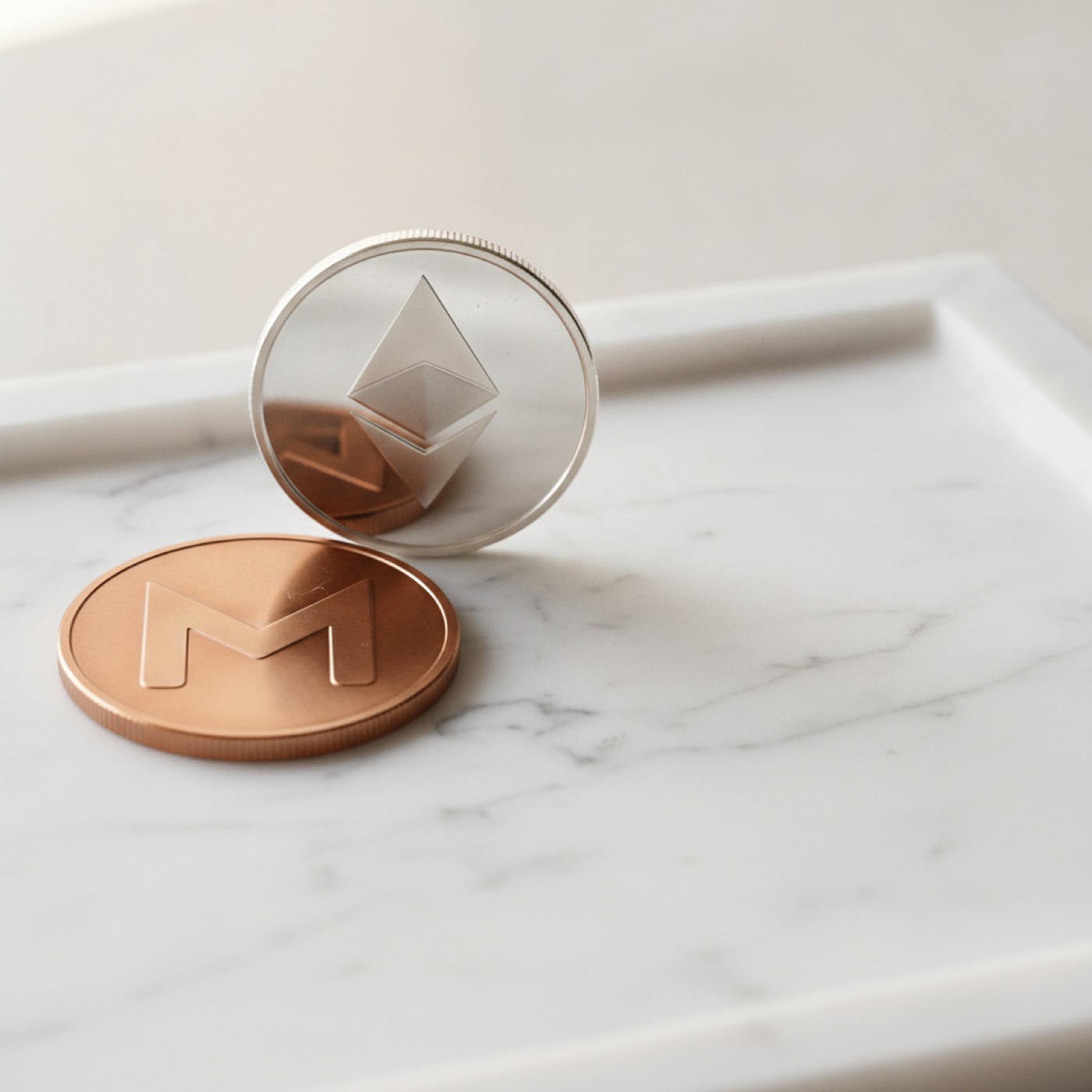 A Monero coin and an Ethereum coin resting side by side on a pale mint surface