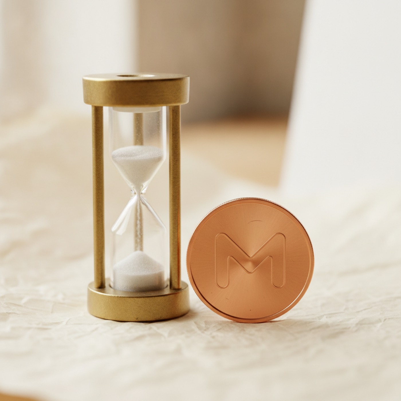 A Monero coin beside a small clock, standing for the ten-block wait before a payout